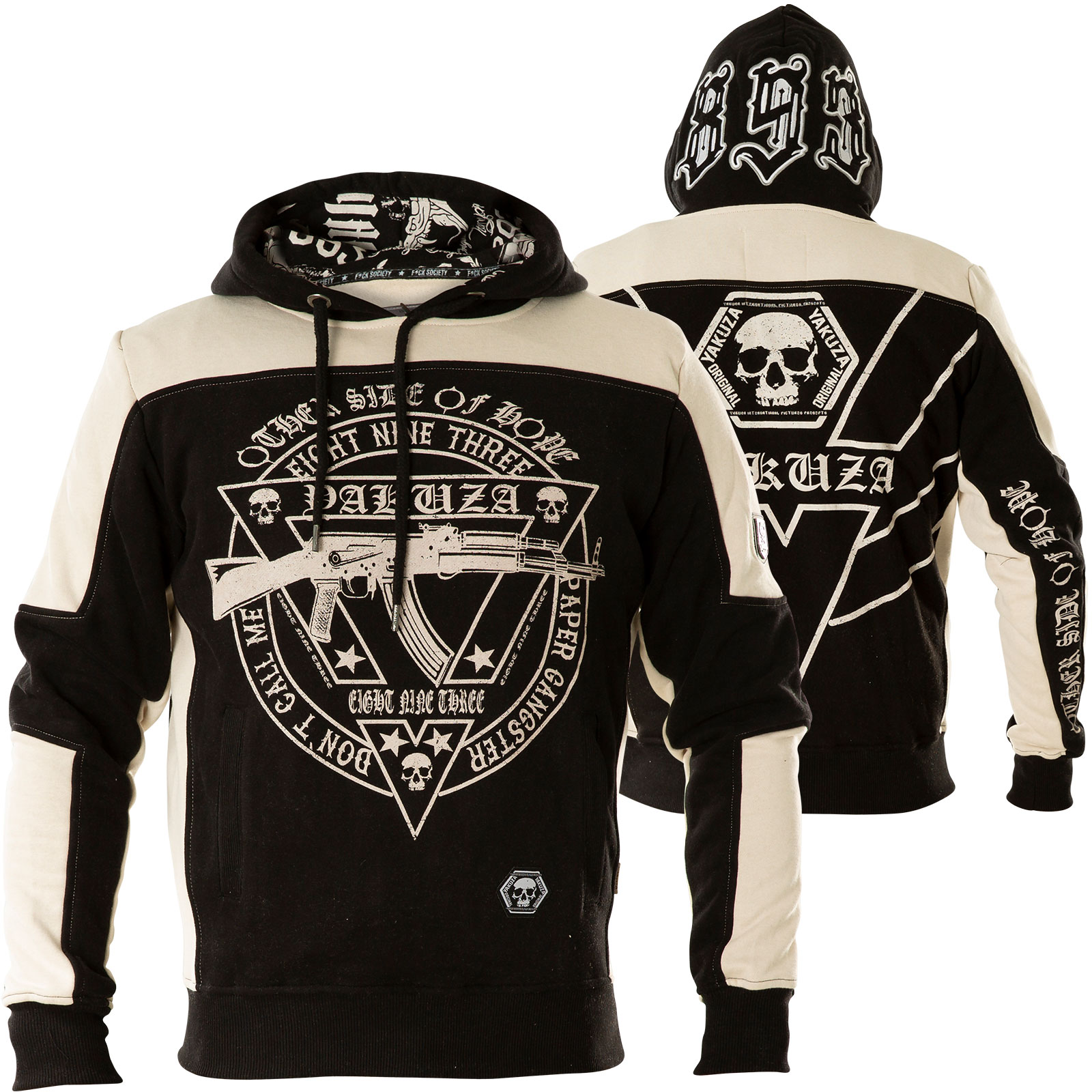 Yakuza Hoody AK 893 Two Face Hoodie HOB 12037 Print einer Waffe Arrive Kapuzenpullover mit bestickter Rückseite Schwarz