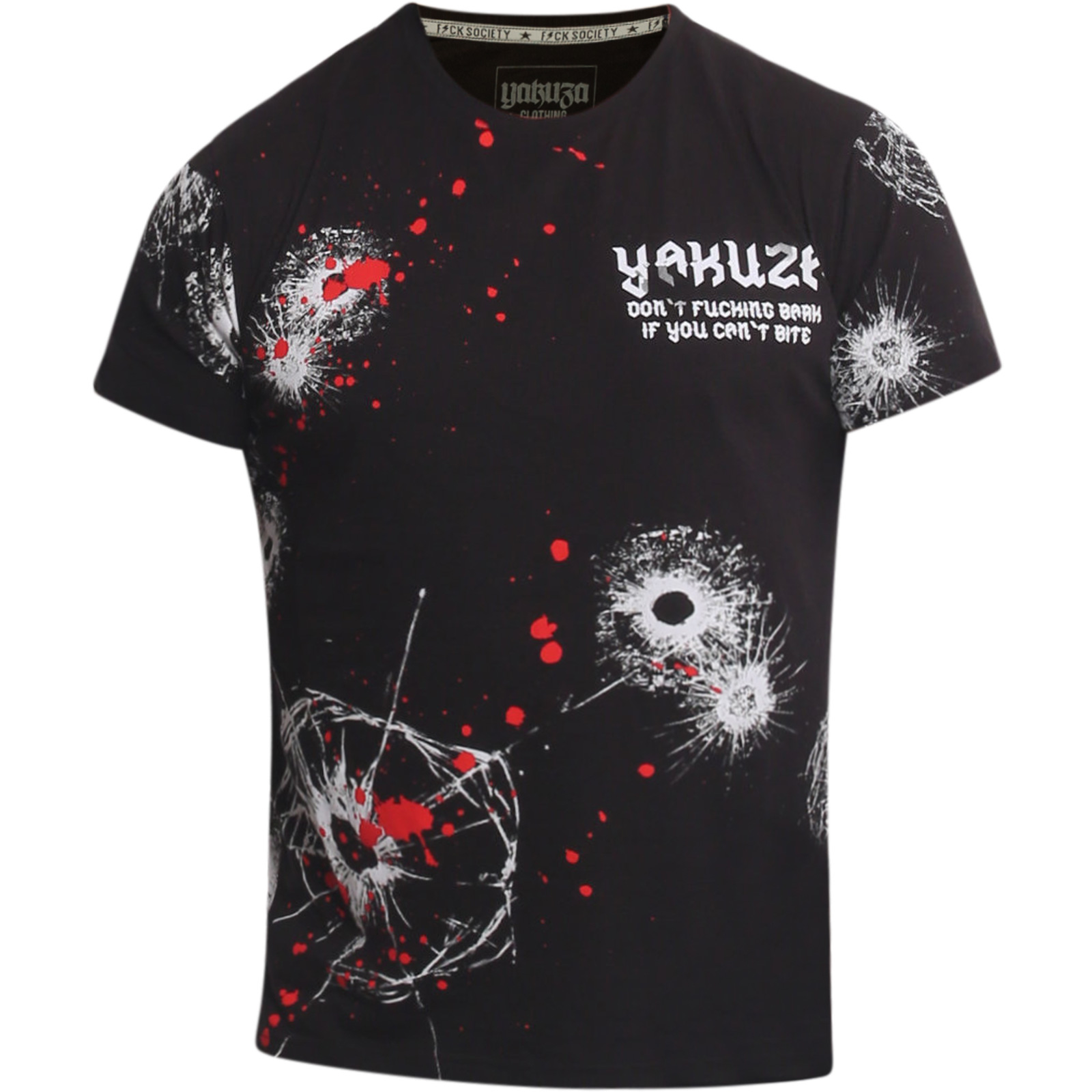Shirt mit auffälligen Print Designs und Schriftzügen<br><ul><li><span class=art_list_head>Yakuza T-Shirt Woof Regular TSB-25023 </span>in Schwarz</li><li>Kurzarm Shirt</li><li>Großes Print Design auf der Vorder- und Rückseite</li><li>Logo-Print an der Seite</li><li>Logo-Patch am unteren Saum</li><li>100 % Baumwolle</li><li>Authentisches T-Shirt von Yakuza</li></ul><table style=width: 100%; border=0>  <tbody>    <tr>      <td>Größe</td>  ...